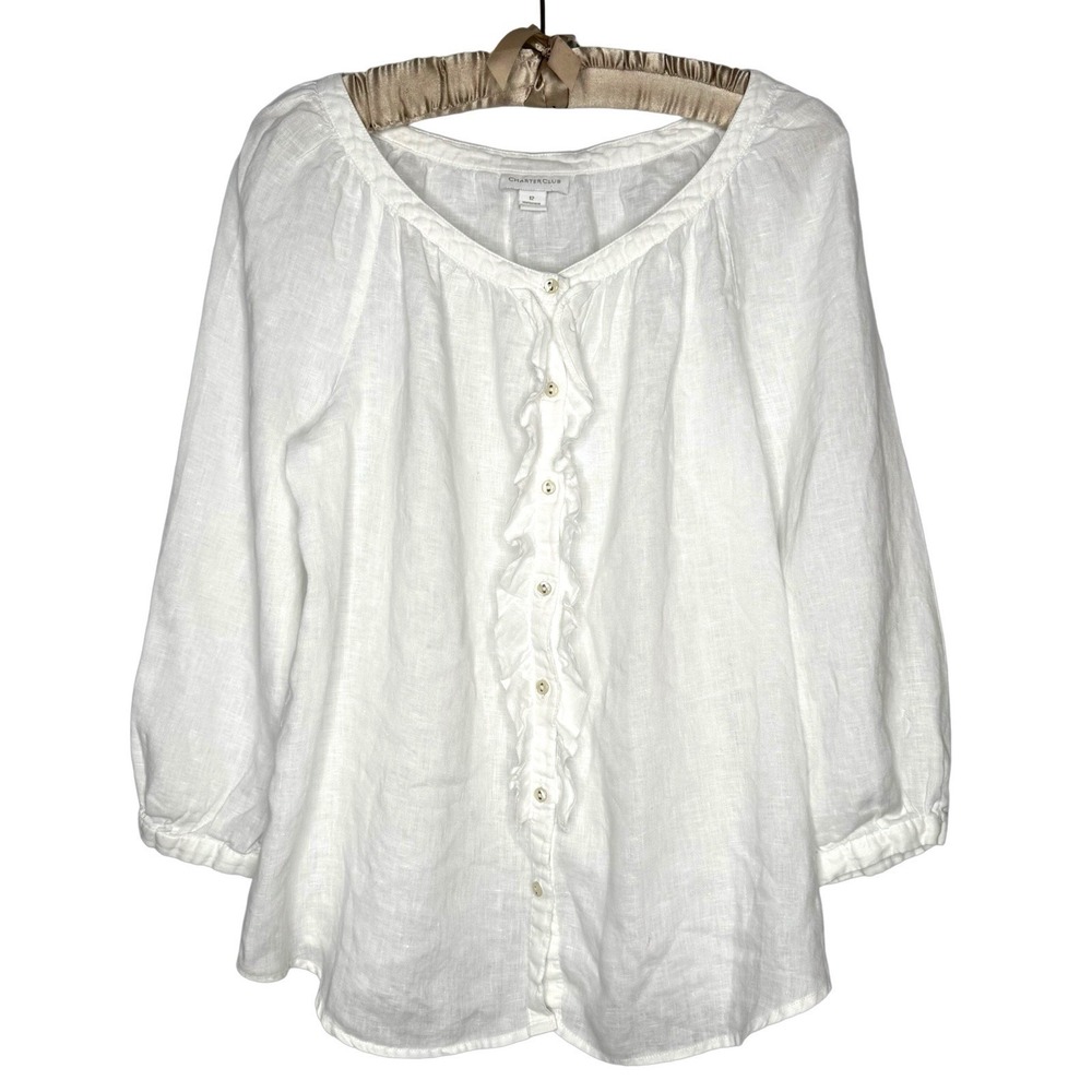 Charter Club White Linen 3/4 Sleeve 12 (L) Button Down Blouse Ruffle Top Coastal